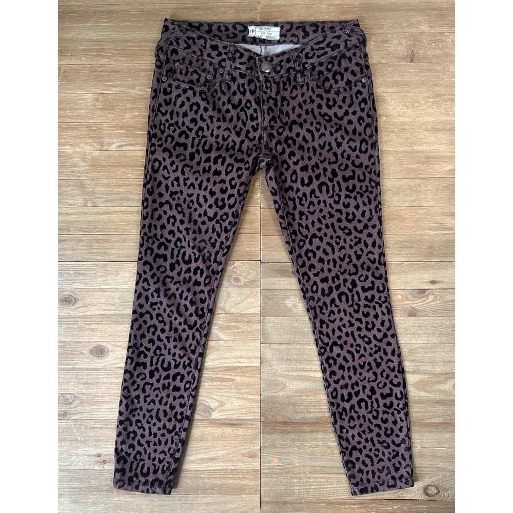 Free People Flocked Leopard Skinny Ankle Jeans